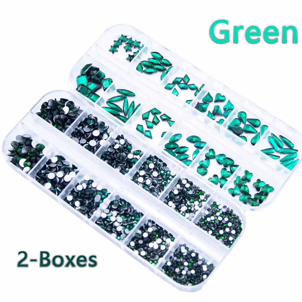 Nail Art Emerald Green - 2Boxes Emerald Green Nail Rhinestones Multi-Size