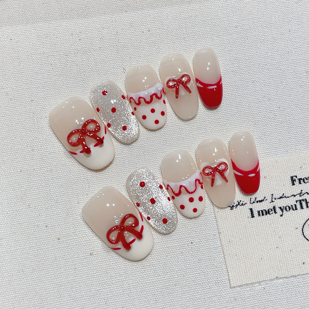 Nail Art Red - 10pcs Short Oval Handmade Press On