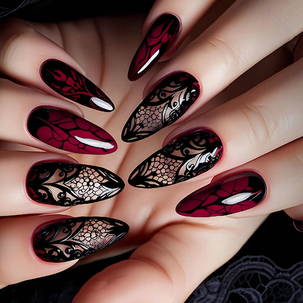 Nail Art Red - Medium fake nails for women dark