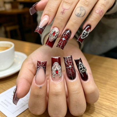Nail Art Red - Long Coffin Nude Gradient Burgundy Red
