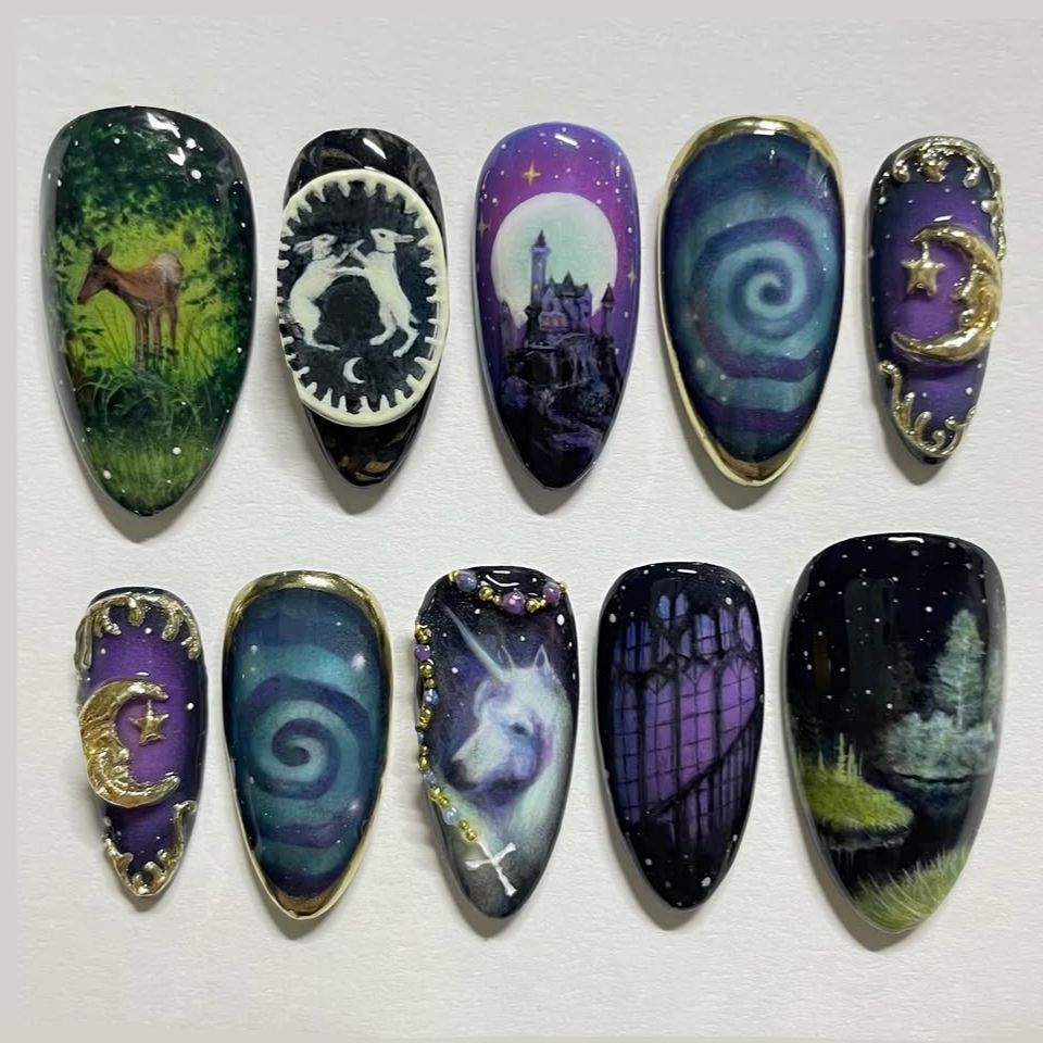 Nail Art Maroon - 24pcs Fantasy Celestial Horse Fake Nails